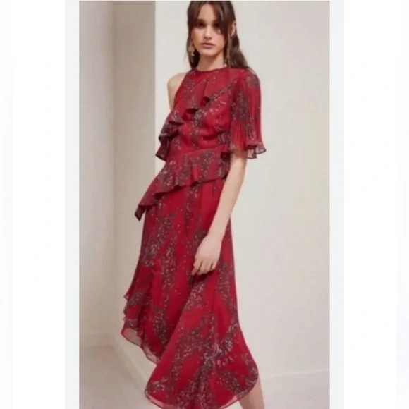 Keepsake The Label Red Floral Asymmetrical Pleat Ruffle Detail Midi Length S - Picture 6 of 9